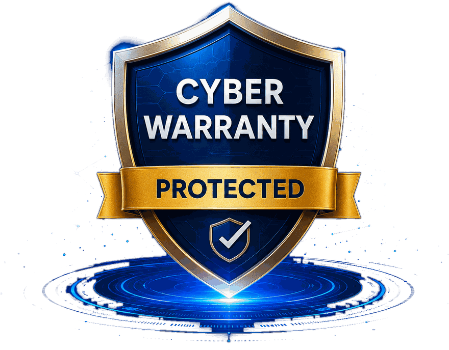 Gold and navy Cyber Warranty Protected shield badge